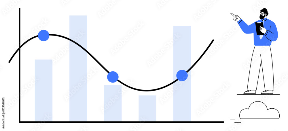 Poster man presenting analysis on fluctuating line graph and bar graph, highlighting trends. ideal for busi