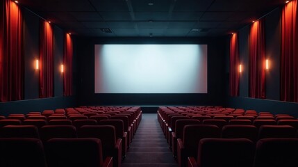 Empty theater auditorium with a large screen and red seats awaiting an audience
