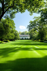 Lush green lawn leads to a stately white house nestled among mature trees under a bright sky