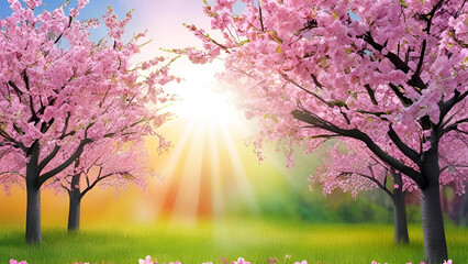 A spring border or background art characterized by pink floral elements. This stunning nature scene presents a blossoming tree, complemented by rays of sunlight