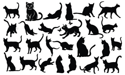 Vector illustration. Silhouettes of black cats. Set of animal stickers. Large set.