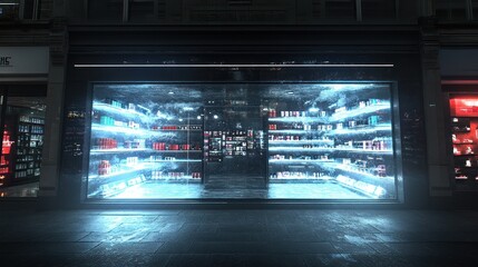 Fototapeta premium A brightly illuminated shop display seen at night time