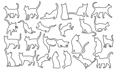 Minimalist cat outlines in various poses, perfect for pet lovers, art illustrations, and design projects. Elegant black outline on a stark white background