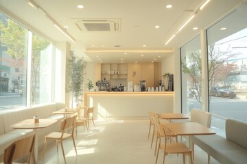 Fototapeta premium Modern cafe interior with light wood furniture and large windows.