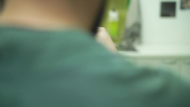 Veterinarian examines English setter eyes in an animal hospital