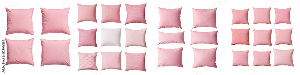Poster a collection of soft plush pink cushions and throw pillows arranged in a visually appealing minimali