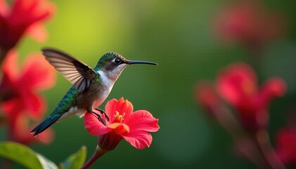 Fototapeta premium Tiny hummingbird feeding, red petals surround beak, feeding, nature, pollination