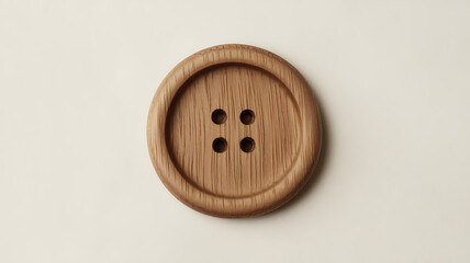 A closeup shot of a single, round, brown wooden button with four holes. The button exhibits a natural wood grain texture. Its isolated on a white background.