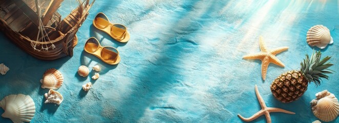 Naklejka premium A boat, hat, sunglasses, pineapples, starfish and seashells float