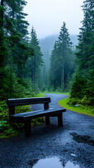 Fototapeta premium Misty forest path with a bench
