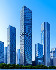 Fototapeta premium Modern glass skyscrapers under a clear blue sky