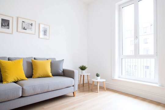 living room with gray couch and yellow pillows