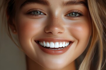 Obraz premium Bright smile of a young woman with clear skin and glowing features captured indoors during daylight