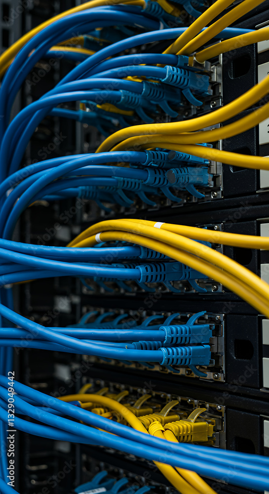 Poster network cables: blue & yellow ethernet patch cords connecting servers in data center - structured ca