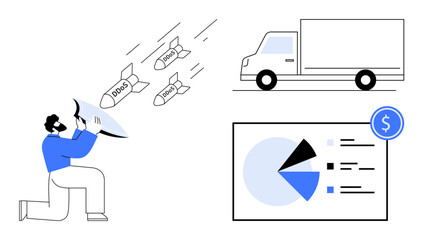 Person with shield blocking DDoS attacks near truck and financial charts symbolizing protection, data security, and logistics safety. Ideal for cybersecurity, risk management, finance, analytics