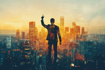 Plakat Businessman silhouetted against a city skyline at sunset