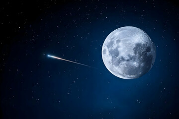 Night sky with a large full moon and a shooting star