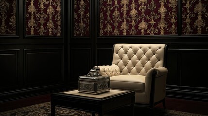 A Victorian setting with black panels framing burgundy and gold damask wallpaper