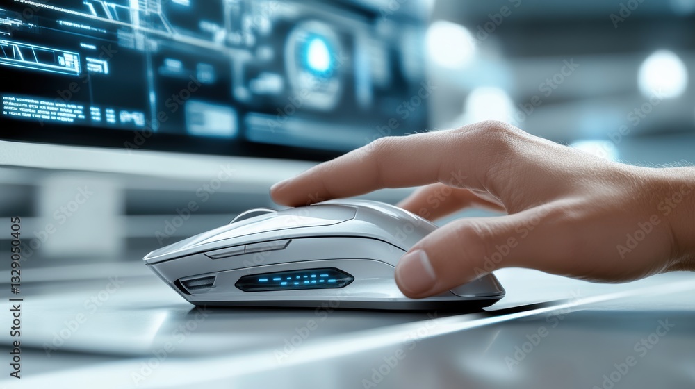 Poster hand interacting with a white gaming mouse on a sleek desk with digital display in the background at