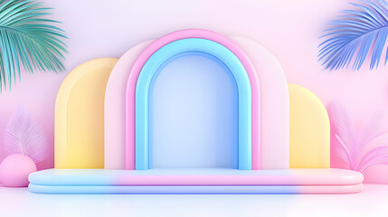 Pastel rainbow arch and platform with tropical leaves