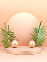 Fototapeta premium Peachy minimalist podium with gold spheres and palm leaves