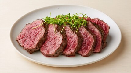 Fototapeta premium Bottom Round concept. A perfectly cooked steak dish long title A beautifully presented plate of tender medium rare steak slices garnished with fresh green herbs for a