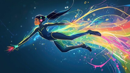 Cartoon Character colorful fantasy Cartoon Character colorful fantasy, a futuristic cyberpunk girl with neon hair and holographic accessories, posing confidently in a glowing digital city