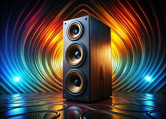 Premium speaker mockup showcasing audiophile sound, with vibrant visual auditory response.