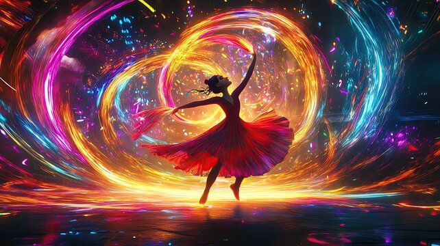 Cartoon Character colorful fantasy Cartoon Character colorful fantasy, a festival dancer in an explosion of neon colors, twirling ribbons of light in a lively celebration