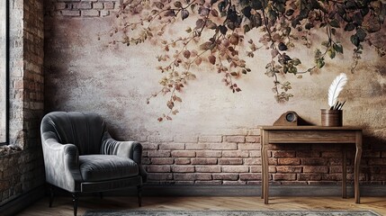 A warm Victorian-inspired room with textured brick walls layered with a mural of elegant ivy vines