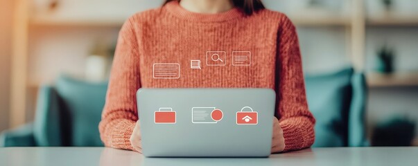 strategic marketing advertising target audience concept. Person using a laptop with international flags displayed on the screen.