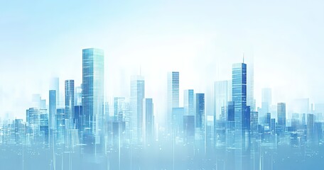 Urban blue gradient business city skyline with tall buildings, designed for decorative murals and as a design background for urban development concepts.
