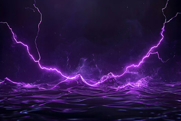 Purple lightning strikes over a dark, wavy surface
