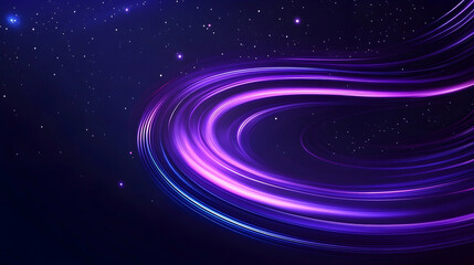 Purple light trails swirl against a dark, starry background