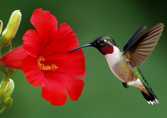 Naklejka premium Hummingbird Feeding on Vibrant Red Hibiscus Flower Nature Wildlife Free Tiny Green Wings