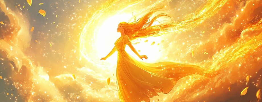 Cartoon Character colorful fantasy Cartoon Character colorful fantasy, a radiant goddess of the sun with flowing golden hair, spreading warmth and light in a dreamy fantasy realm