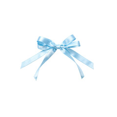 Elegant baby blue satin ribbon tied in a delicate bow with curled tails on a white background Perfect for baby showers or gift wrapping