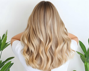 Rear view of long, wavy blonde hair against a white background with plants