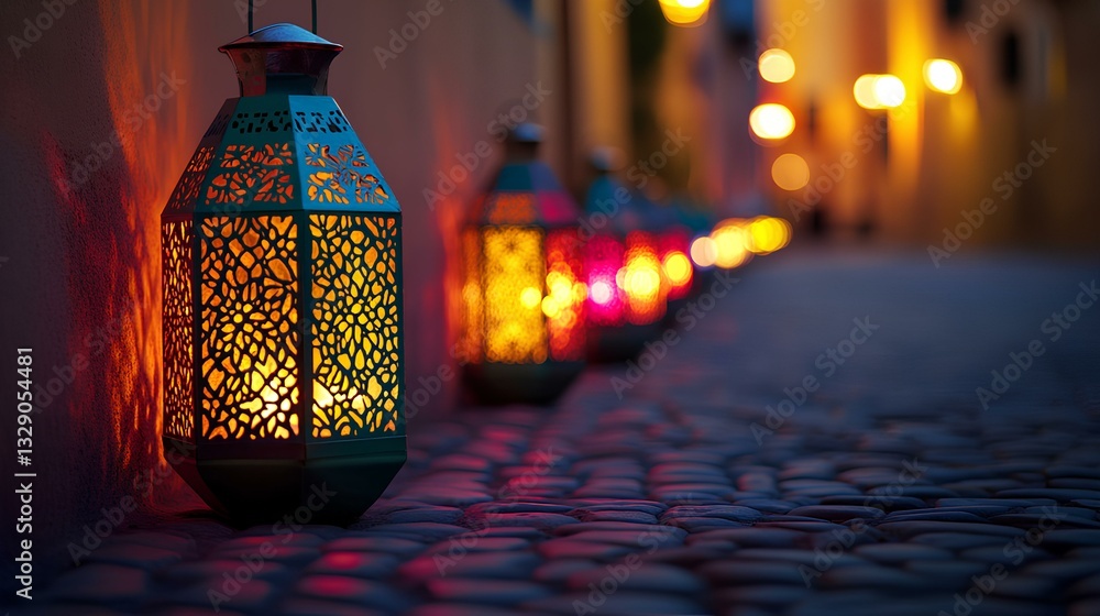 Poster row of colorful lanterns with intricate patterns, glowing softly on a cobblestone street at dusk