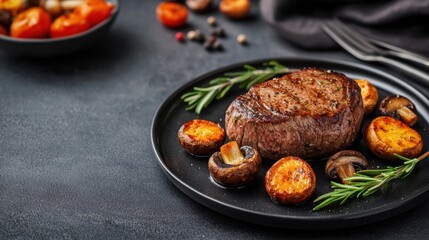 Fototapeta premium Bottom Round concept. Pan seared Steak with Roasted Vegetables