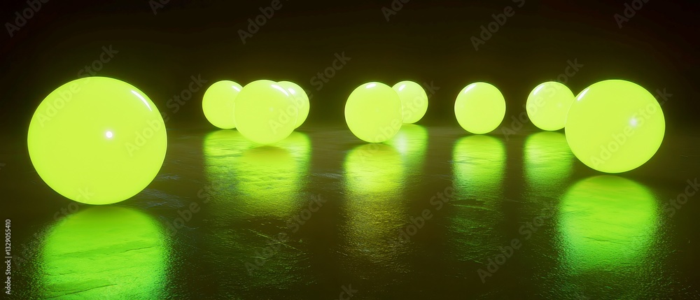 Poster translucent neon orbs in darkness, a captivating display of hovering green orbs, each uniquely shade