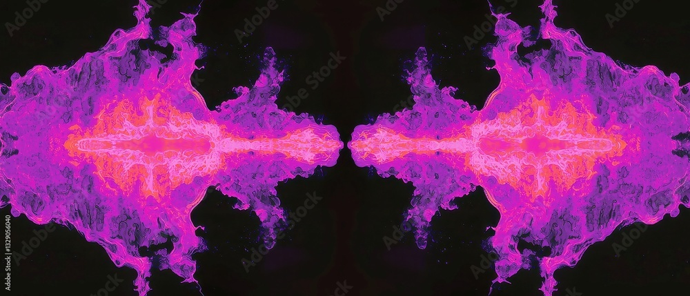 Poster neon kaleidoscope inkblot, vibrant purple shapes radiate in a symmetrical design, fuzzy fuchsia clou