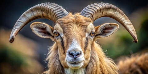 Obraz premium A majestic goat's face is framed by its impressive curved horns