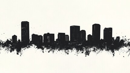 Fototapeta premium Black and white ink cityscape silhouette with paint splatter on plain paper background