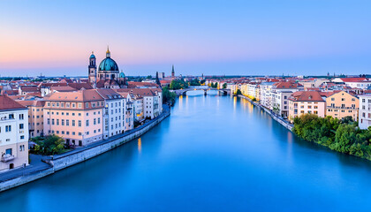 Serene cityscape at dawn, river reflecting buildings, calm waters, historical architecture