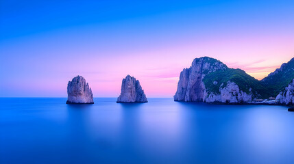Serene coastal sunset view of three majestic rock formations rising from calm, azure waters under a vibrant twilight sky