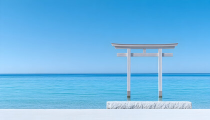 Serene coastal scene featuring a traditional Japanese gate under a clear blue sky