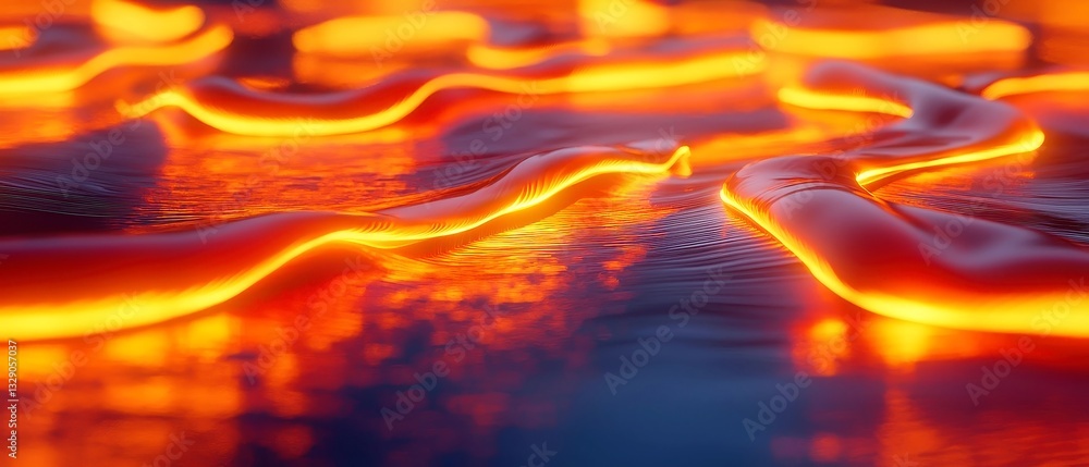 Poster molten waves, vibrant orange light flows in wave patterns with coral highlights, casting reflections
