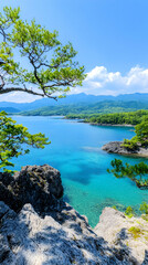 Serene coastal view; turquoise water, rocky shore, lush green trees, and distant mountains under a sunny sky