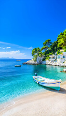 Fototapeta premium Serene cove with turquoise water, white boat on sandy beach, lush greenery on cliffs